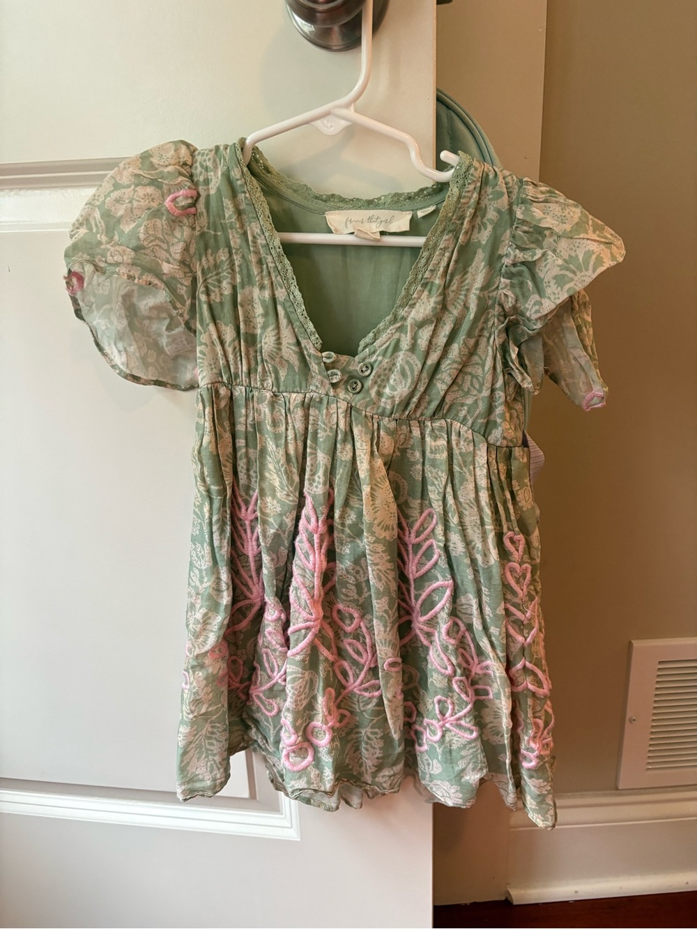 Boho Embroidered Green and Pink toddler dress- anthro